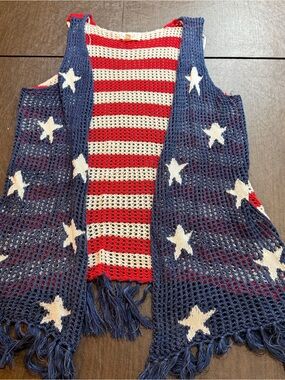 Cloudchaser American Flag Crochet Fringe Vest Size L Festival Boho
